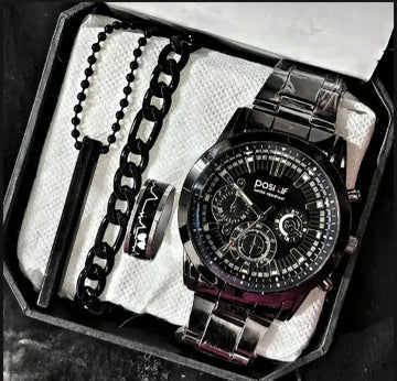 Latest Design 2025 Watch Black Business Watches + Bracelet + Cuban Chain Bracelet +3D Bar Locket With Chain+Ring -