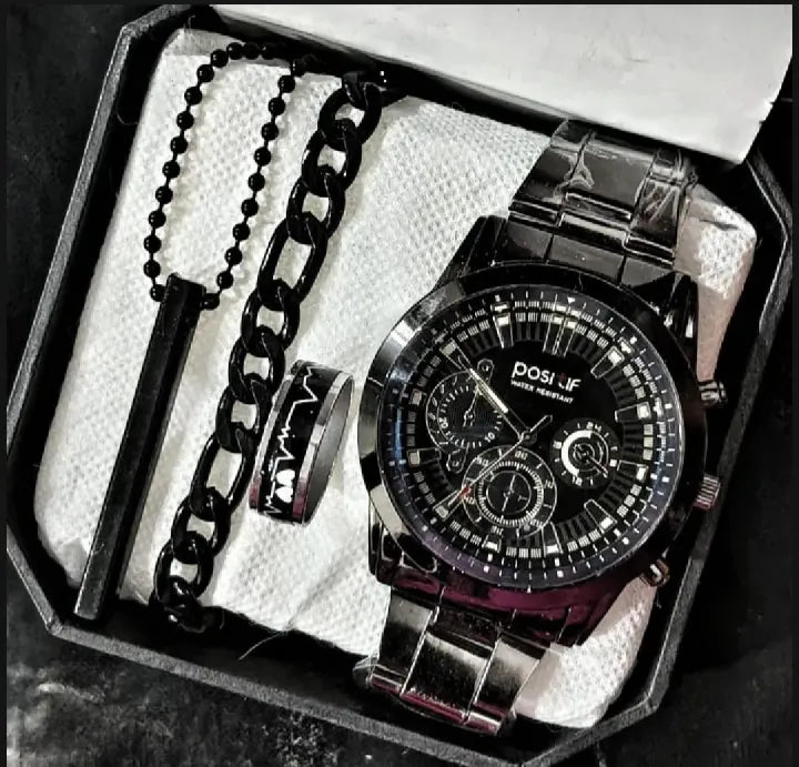 Latest Design 2025 Watch Black Business Watches + Bracelet + Cuban Chain Bracelet +3D Bar Locket With Chain+Ring -