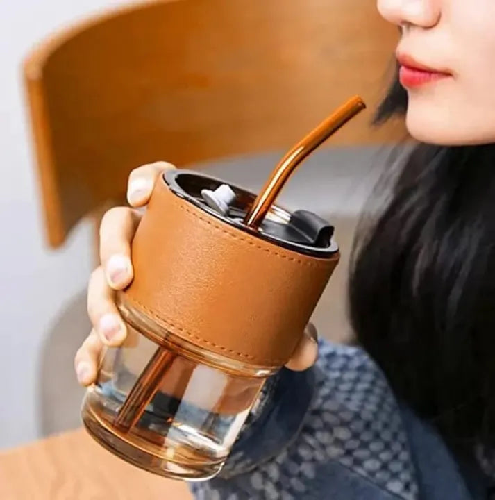 Tumbler Mug with Lid, Glass Straw and Protective Anti-Skid Leather Sleeve for Hot and Cold Beverages Tea Coffee Smoothies Fruit Juice Travel Mug .435ml